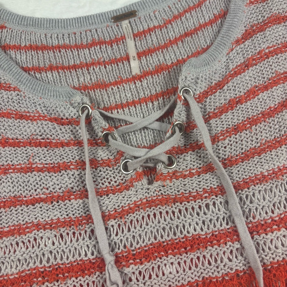 Free People Women M Open Crochet Knit Judy Punk Orange‎ Striped Lace Up Sweater - Picture 4 of 13